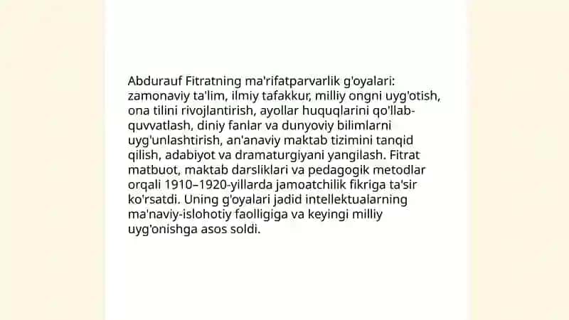 Jadid ma'rifatparvarlarining o'lka ijtimoiy-ma'naviy hayotida tutgan o'rni (Munavvar Qori, Fitrat, Behbudiy, Avloniy va boshqalar) 4