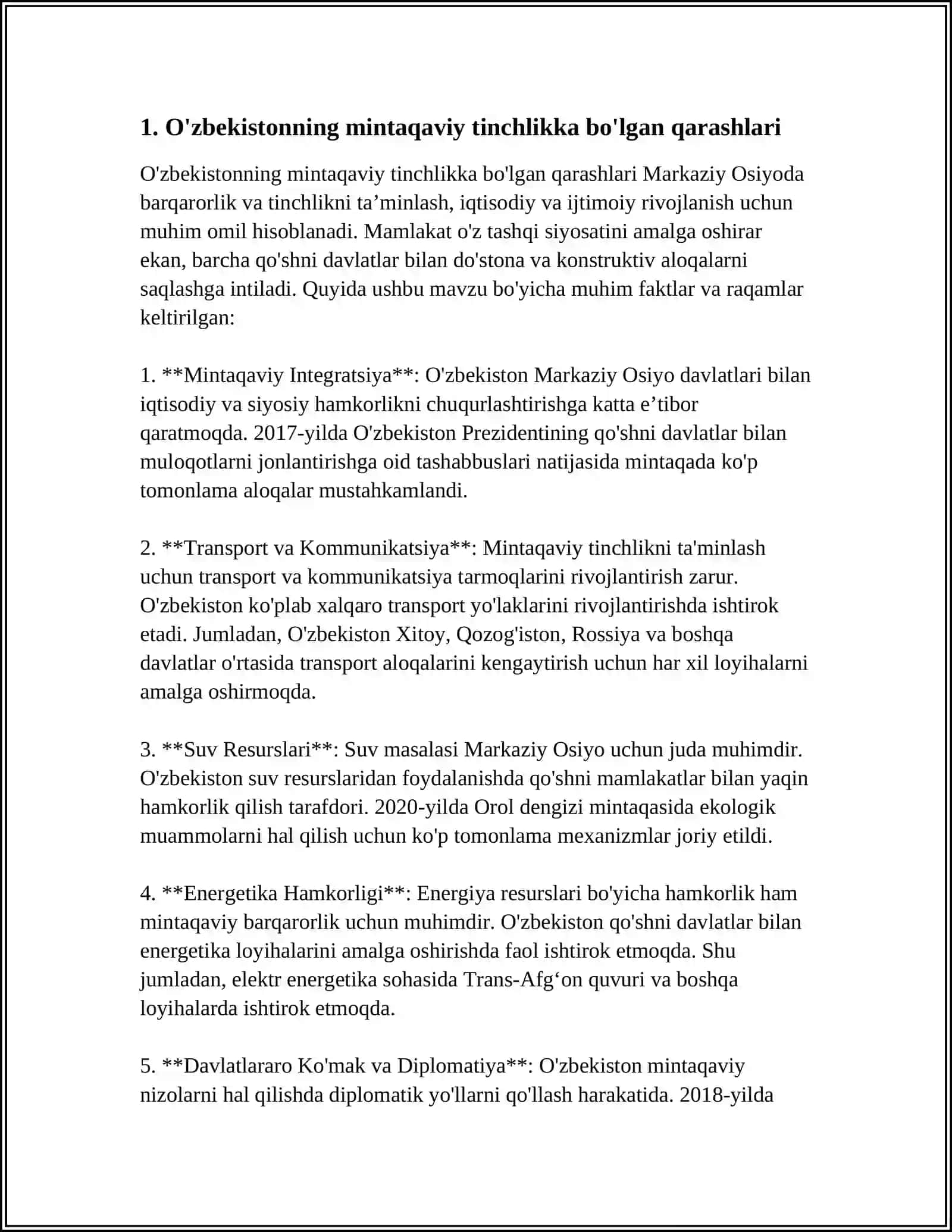 O‘ZBEKISTONNING MARKAZIY OSIYODA TINCHLIK BARQARORLIKNI TA'MINLASHDA O'RNI 4