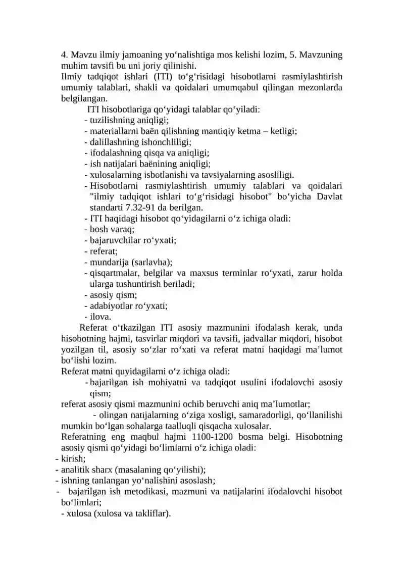 6-AMALIY MASHG‘ULOT MAVZU: ILMIY TEXNIKAVIY INFORMATSIYANI O‘RGANISH, TAHLIL QILISH: ILMIY TADQIQOTLARNING MAVZUSINI TANLASH, DASTURINI TUZISH VA BAHOLASH 4