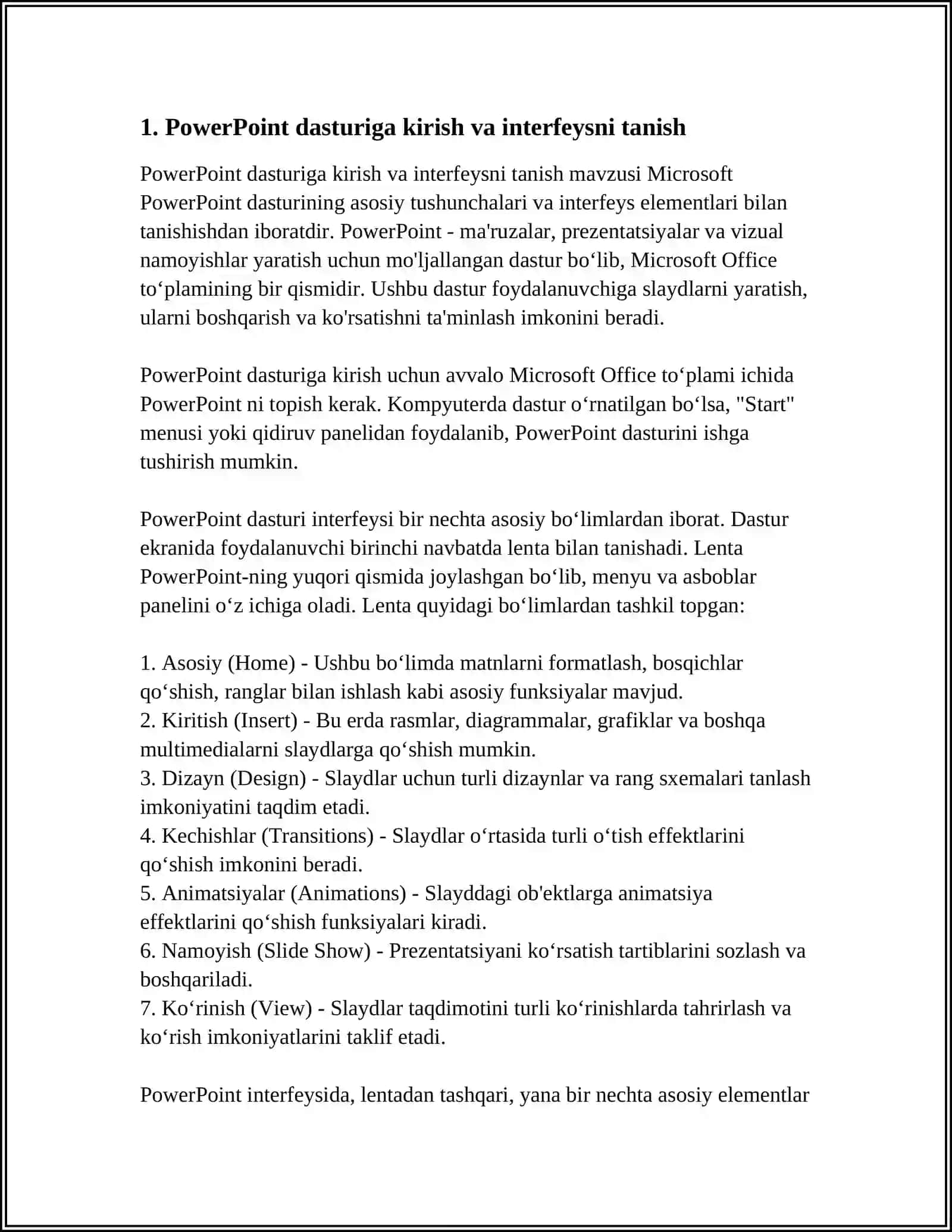 NAMOYISH DASTURLARI.POWER POINT DASTURI VA UNDAN FOYDALANISH ASOSLARI, NAMOYISH VOSITALARI YARATISH, TASVIRLARNI SAQLASH VA YUKLASH 4