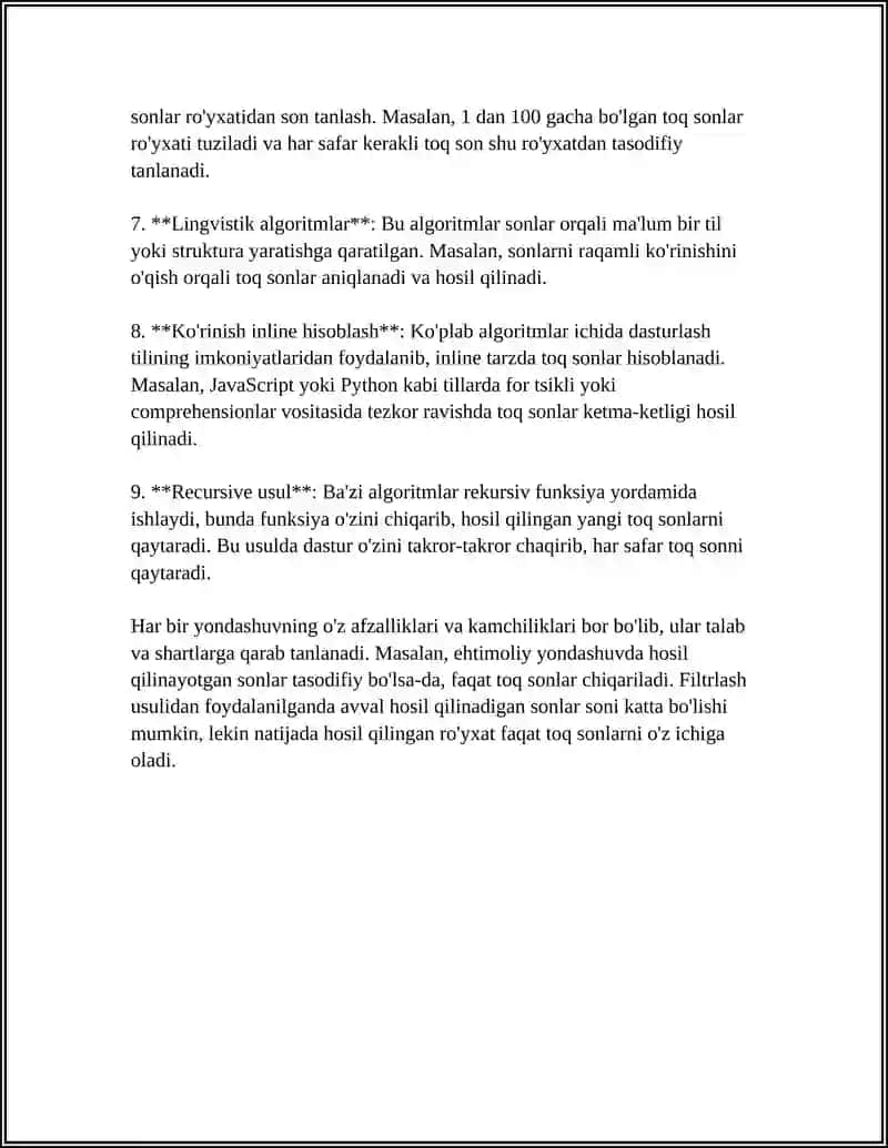 Faqat toq sonlarni generatsiya qilish algoritmlari 4