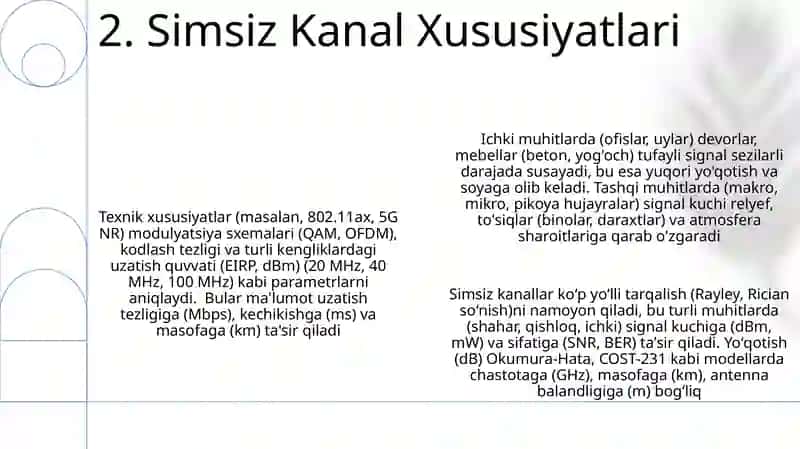 Simsiz axborot o'tkazish muhiti va ularning texnik ko'rsatkichlari 4