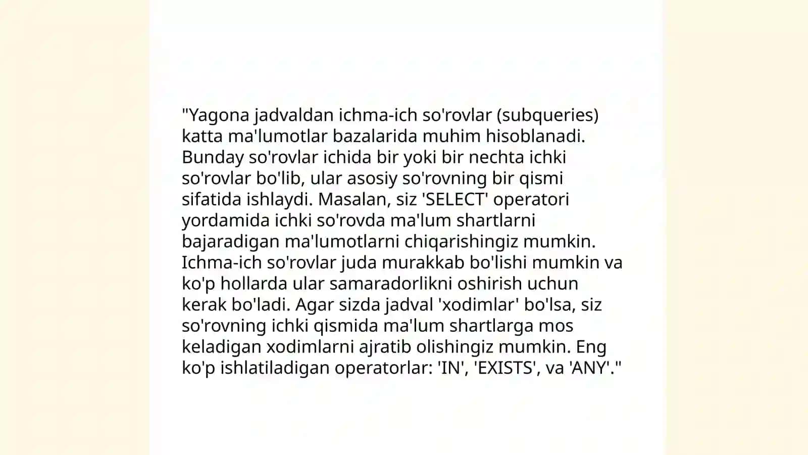 Berilganlar bazasida ichma-ich so'rovlar yaratish 4