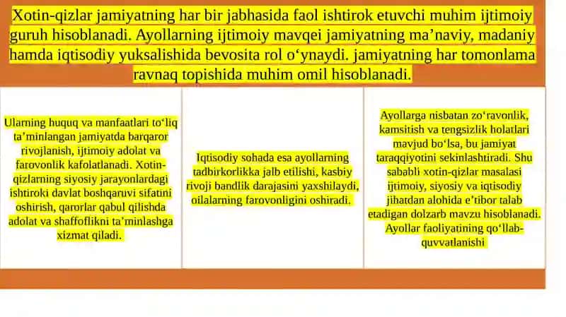 Xotin-qizlarni qo‘llab-quvvatlash, ularning jamiyat hayotidagi faol ishtirokini ta’minlash 4