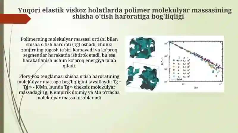Shishasimon, yuqor elastik qovushqoq holatlarining polimer molekulyar massasiga bogʻliqligi 4