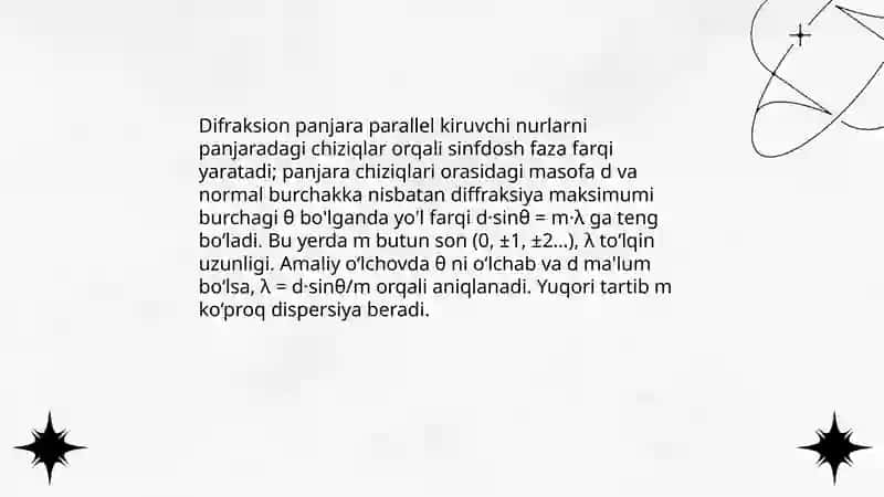Lazerlar. Difraksion panjara yordamida lazer nurlanishlari to'lqin uzunligini aniqlash 4