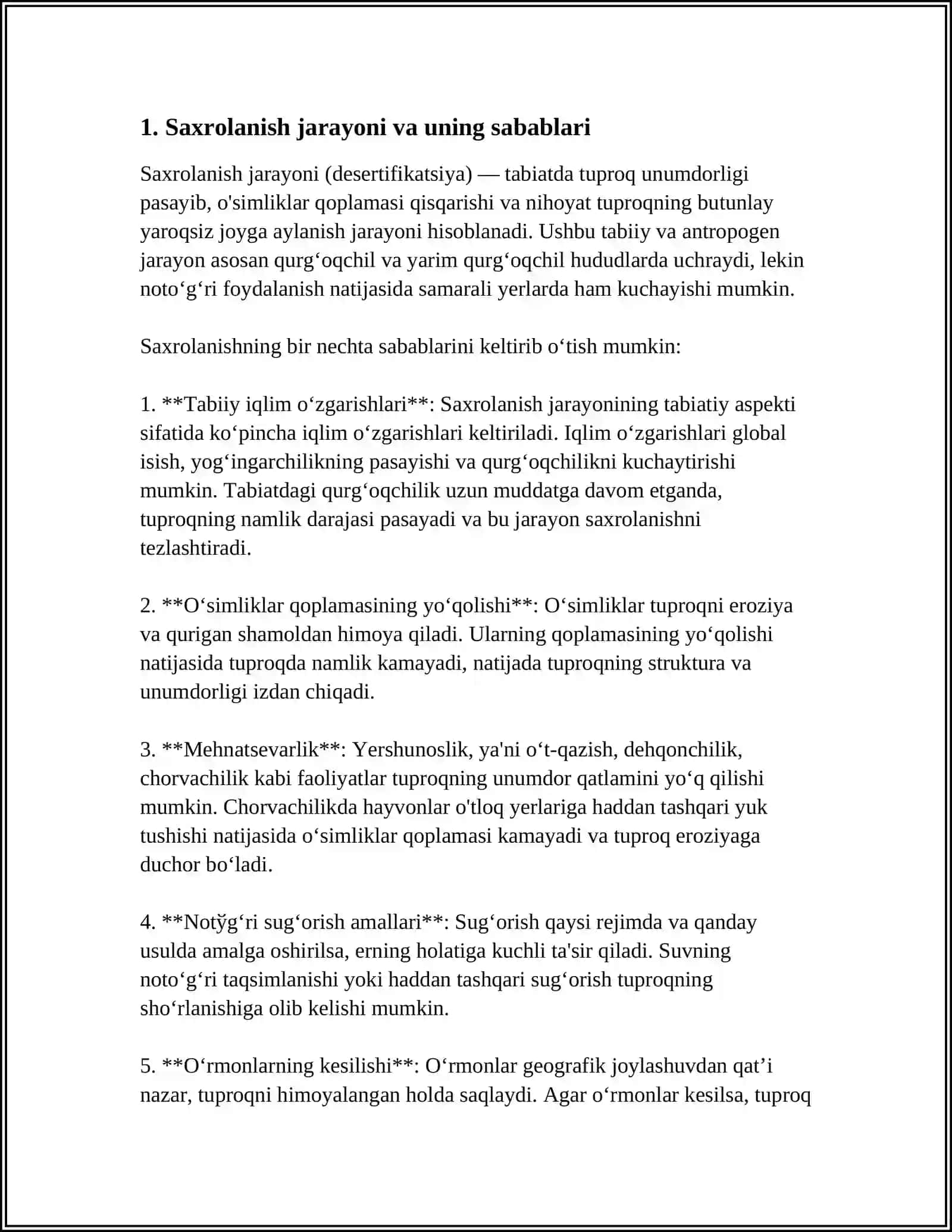 SAXROLANISHNING OʻZBEKISTON OʻSIMLIKLAR JAMOASIGA TASIRI.TUPROQ MUHITIGA SALBIY TAʼSIR ETUVCHI OMILLAR VA ULARNING TURLARI 4