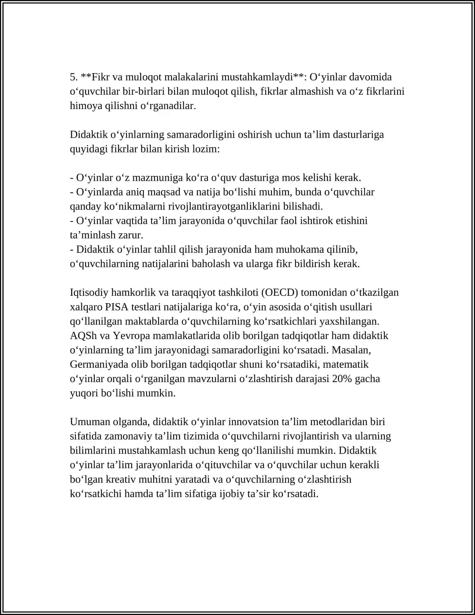 SINFDAN TASHQARI MASHG’ULOTLARDA DIDAKTIK OʻYINLARNING AHAMIYATI, MAZMUNI ULARDAN FOYDALANISH( 1 SINF MISOLIDA) 4