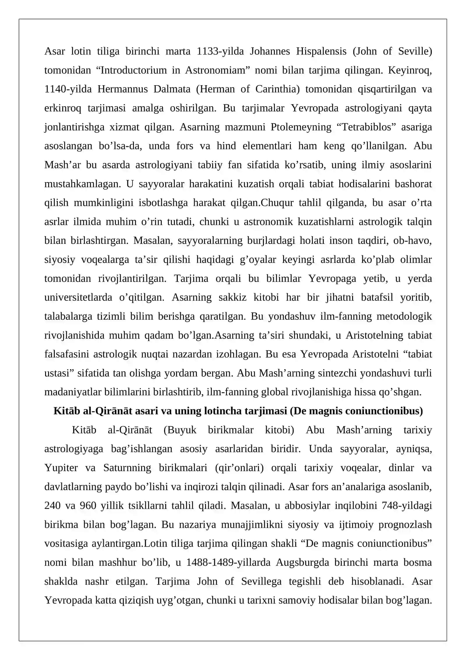 Abu Mash’ar al-Balxiyning lotinchaga tarjima qilingan asarlari va ularning fan tarixidagi ahamiyati 4