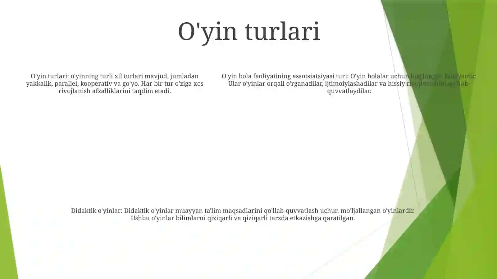 OʻYin Bola Faoliyatining Asosiy Turi Sifatida. OʻYinning Kelib Chiqish Sabablari. DidaktikOʻYinTurlari 4