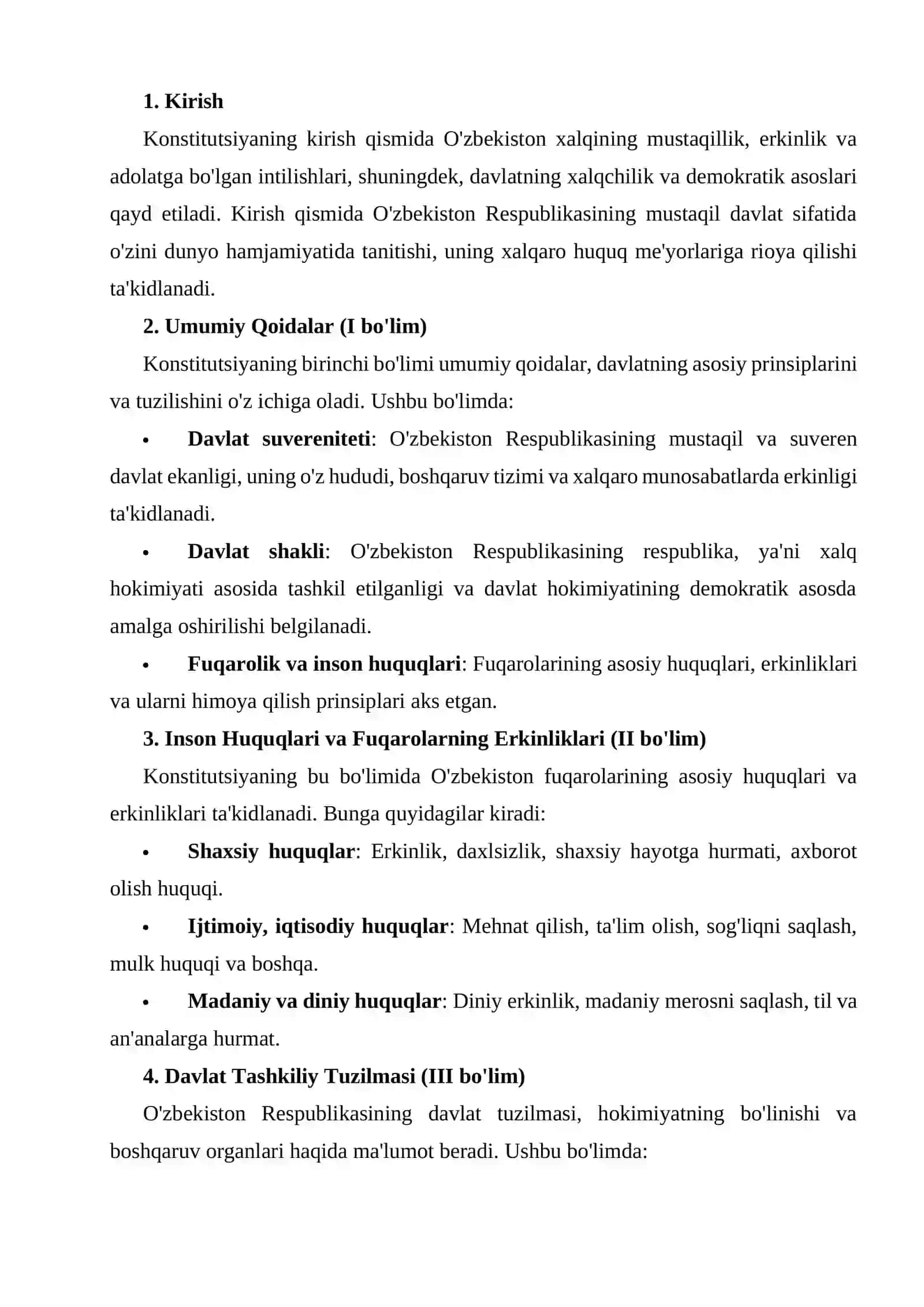Konstitutsiyada jahon konstitutsiyaviy rivojlanish tajribalalari hamda milliy qadriyatlarning aks etishi. O'zbekiston Respublikasi Konstitutsiyasining tuzilishi va o'ziga xos xususiyatlari 4