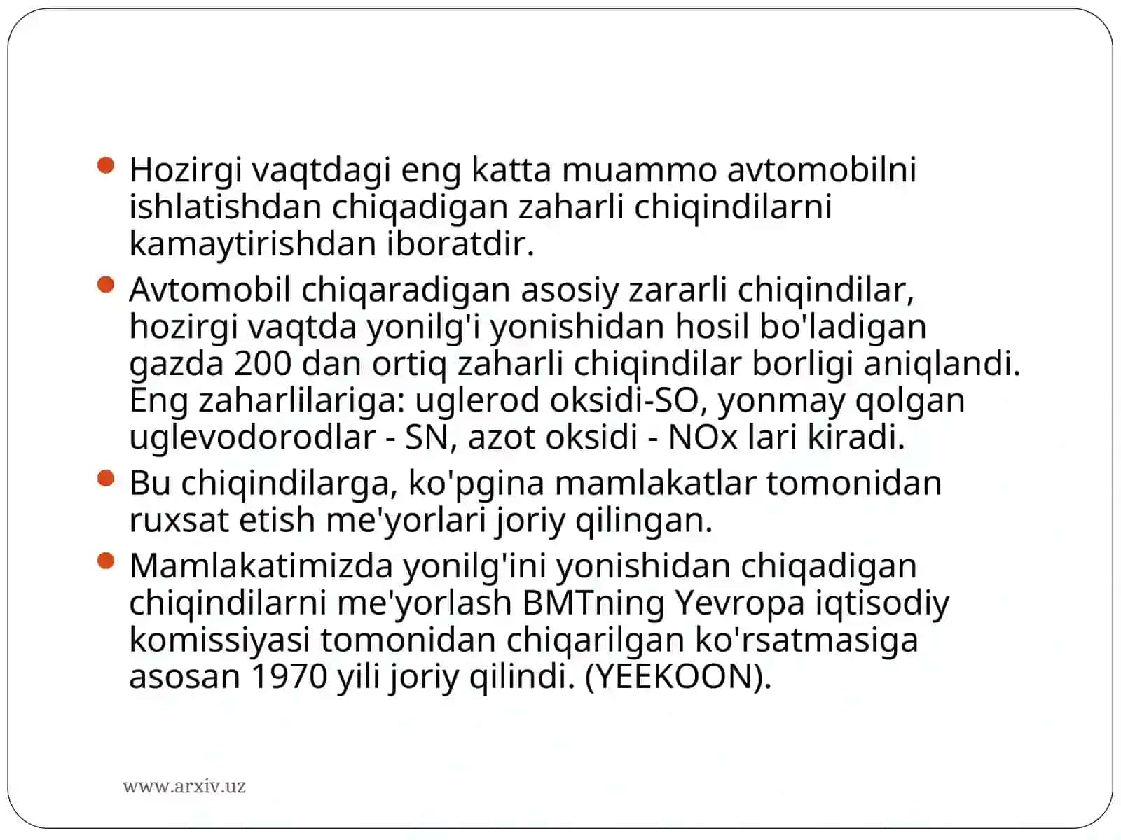 Avtomobil transportini atrof muhitga, aholiga va ishlovchilarga me'yoriy ta'sirini ta'minlash 4