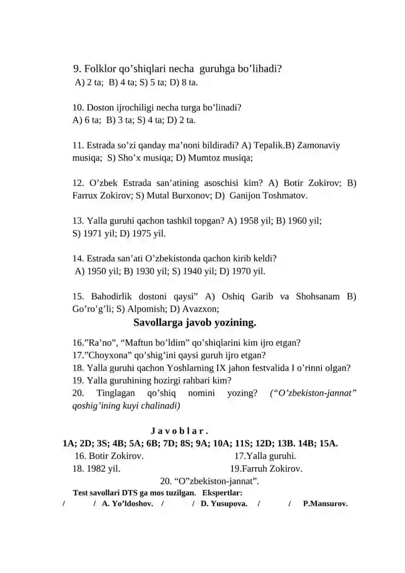 6-sinf uchun musiqa fanidan test savollari 4