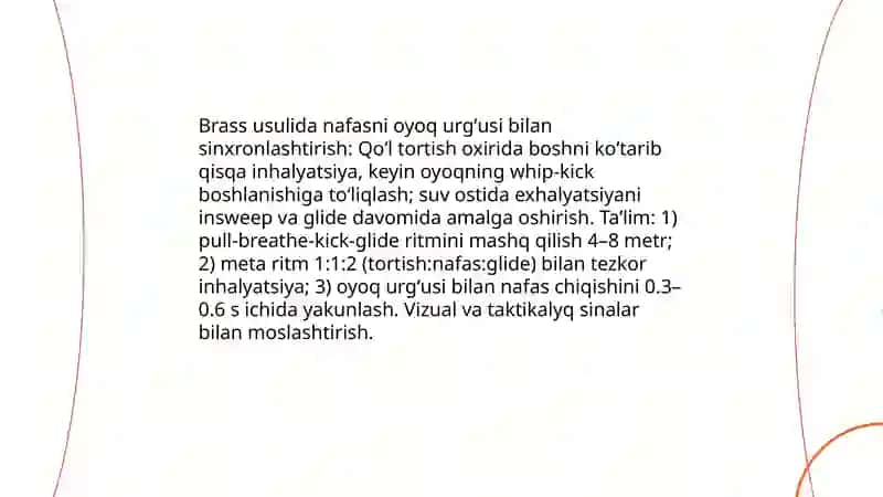 Brass usulida nafasni oyoq harakati suzish texnikasiga moslashtirib o'rgatish 4