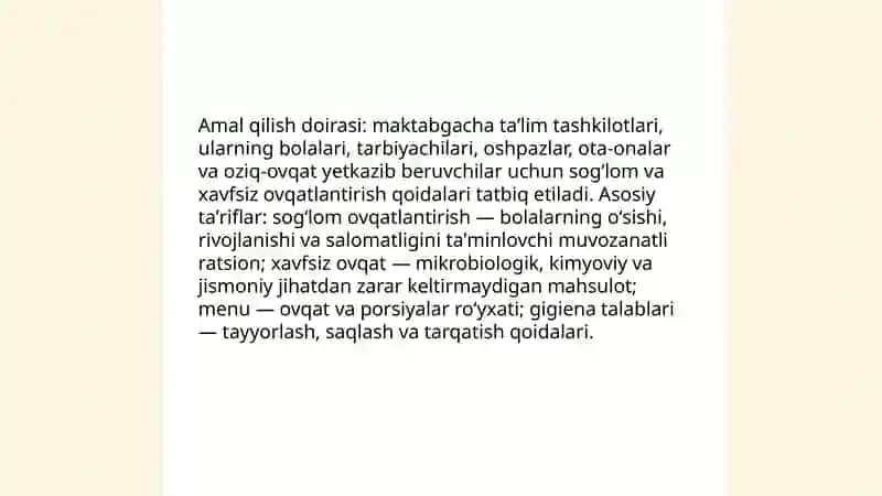 Maktabgach yoshdagi bolalarning sogʻlom va xavsiz ovqatlantirish togrisidagi nizomning mazmun mohiyati 4