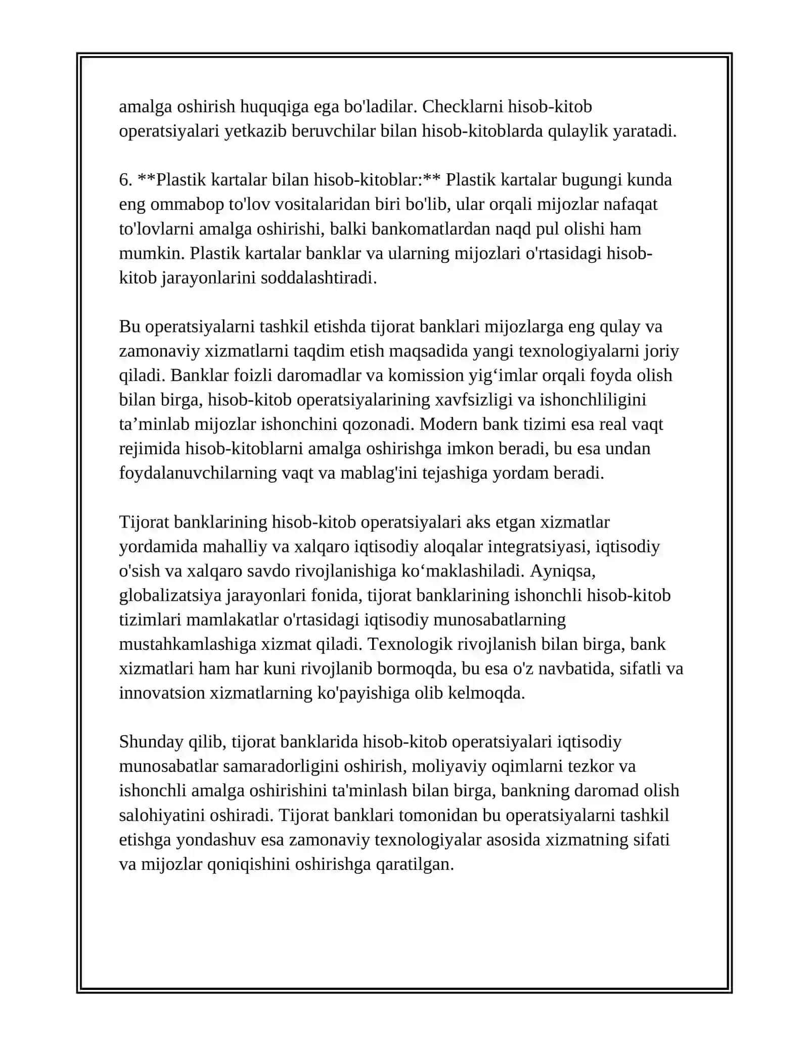 TIJORAT BANKLARIDA HISOB-KITOB OPERATSIYALARINI TASHKIL ETISH VA ULARNING HISOBI 4