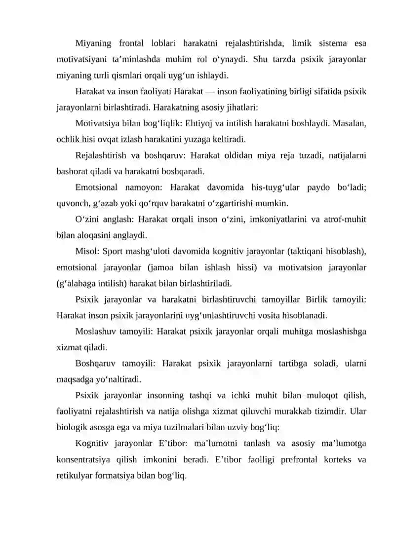PSIXIK JARAYONLAR VA MIYANING O'ZARO ALOQADORLIGI.HARAKAT INSON FAOLIYATINING BIRLIGI SIFATIDA 4