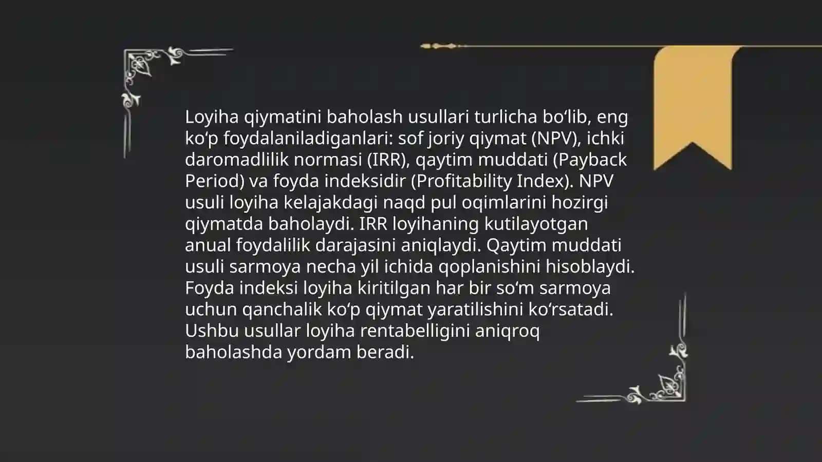 Investitsion loyihalar moliyaviy tahlili va mohiyati 4