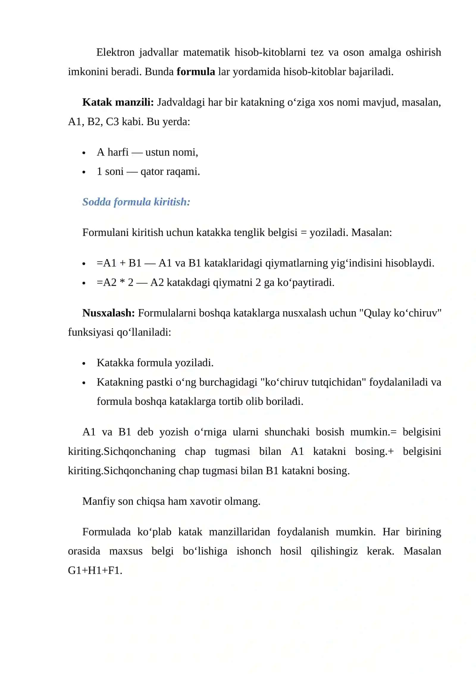 6-sinf Informatika Sodda formulalarni kiritishda katak manzilidan foydalanish. Formulalarni nusxalash 4