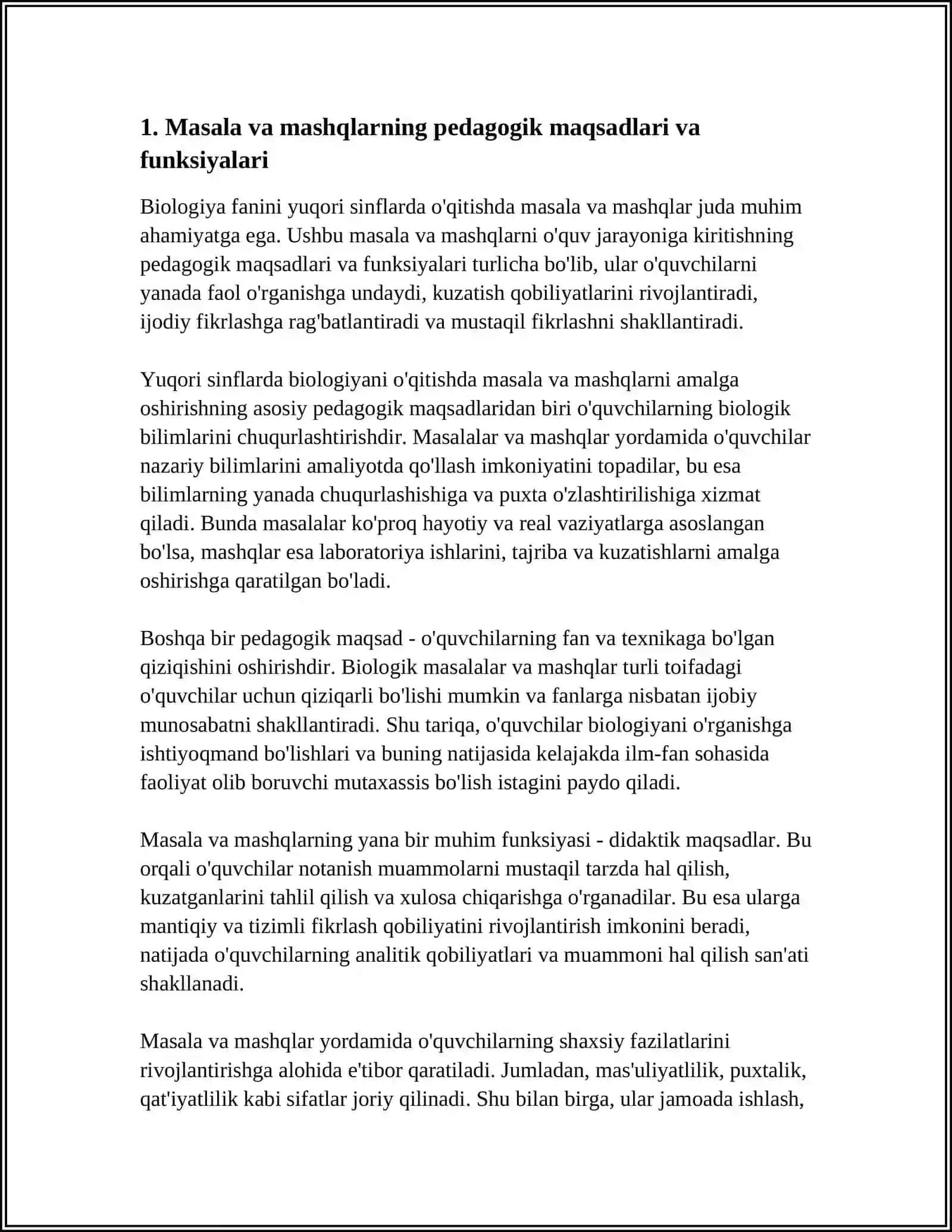 YUQORI SINFLARDA BIOLOGIYANI O'QITISHDA FOYDALANILADIGAN MASALA VA MASHQLARNING O'ZIGA XOS. XUSUSIYATLARI 4