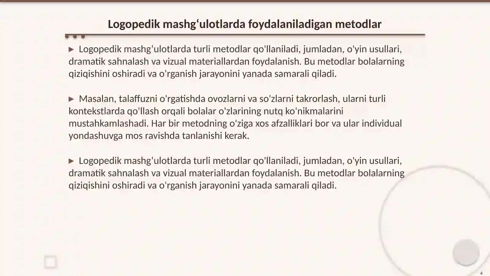 Logopedik mashg‘ulotda tarbiyaning asosiy tizimini o‘rganish 4