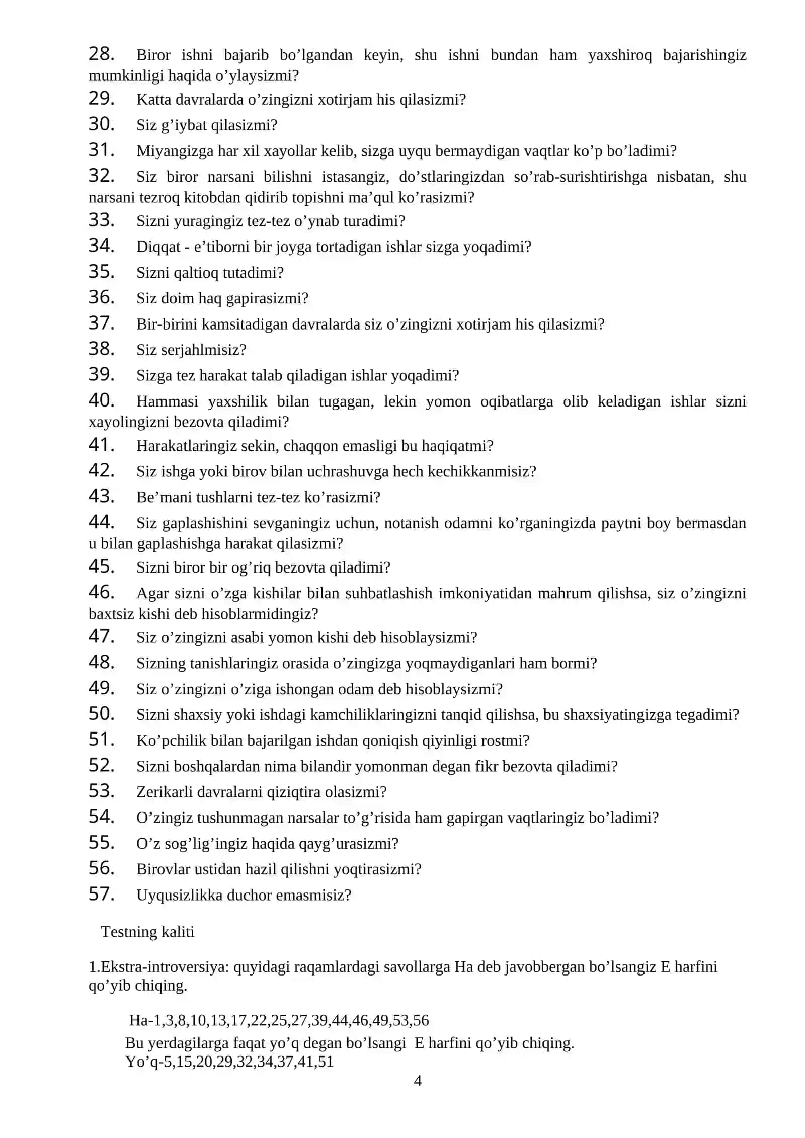 Temperamentni aniqlash bo’yicha testlar 4