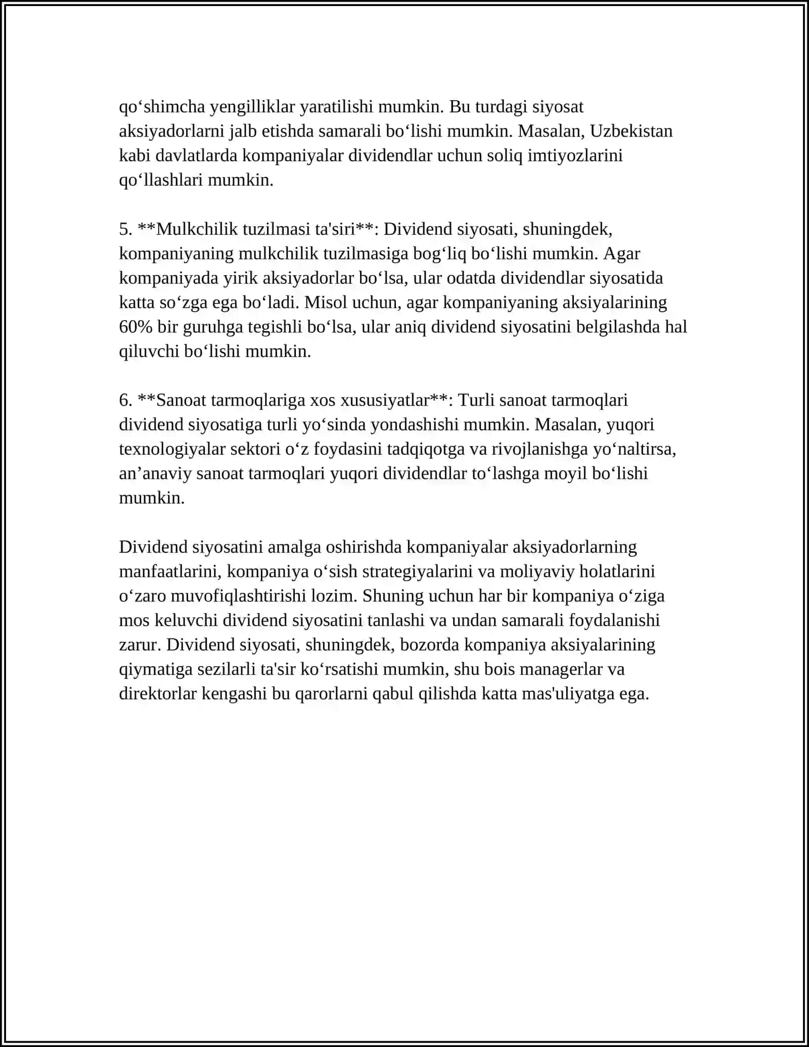 DIVIDEND BILAN BOGʻLIQ QARORLAR. XULOSA VA TAKLIFLAR 4