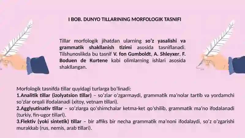 Dunyo tillarining morfologik tasnifi .Oʻzbek tilida tashqi va ichki fleksiyaning yuzaga chiqishi 4