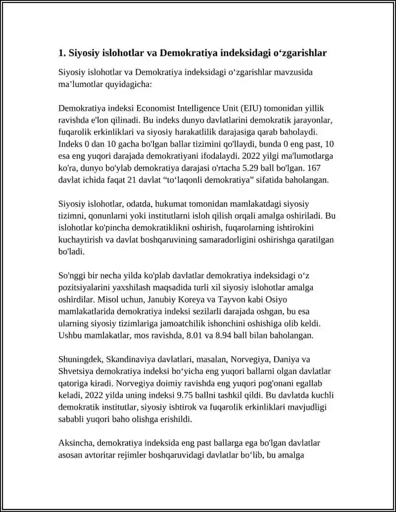 YANGI OʻZBEKISTON IJTIMOIY-SIYOSIY, IQTISODIY VA MADANIY HAYOTDA ROʻY BERAYOTGAN OʻZGARISHLARNING XALQARO REYTING VA INDEKSLARDA AKS ETISHI 4
