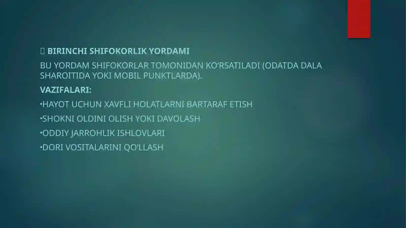 Favqulodda vaziyatlardagi jabrlanish o'choqlarida tibbiy yordam ko'rsatishni tashkil etish 4