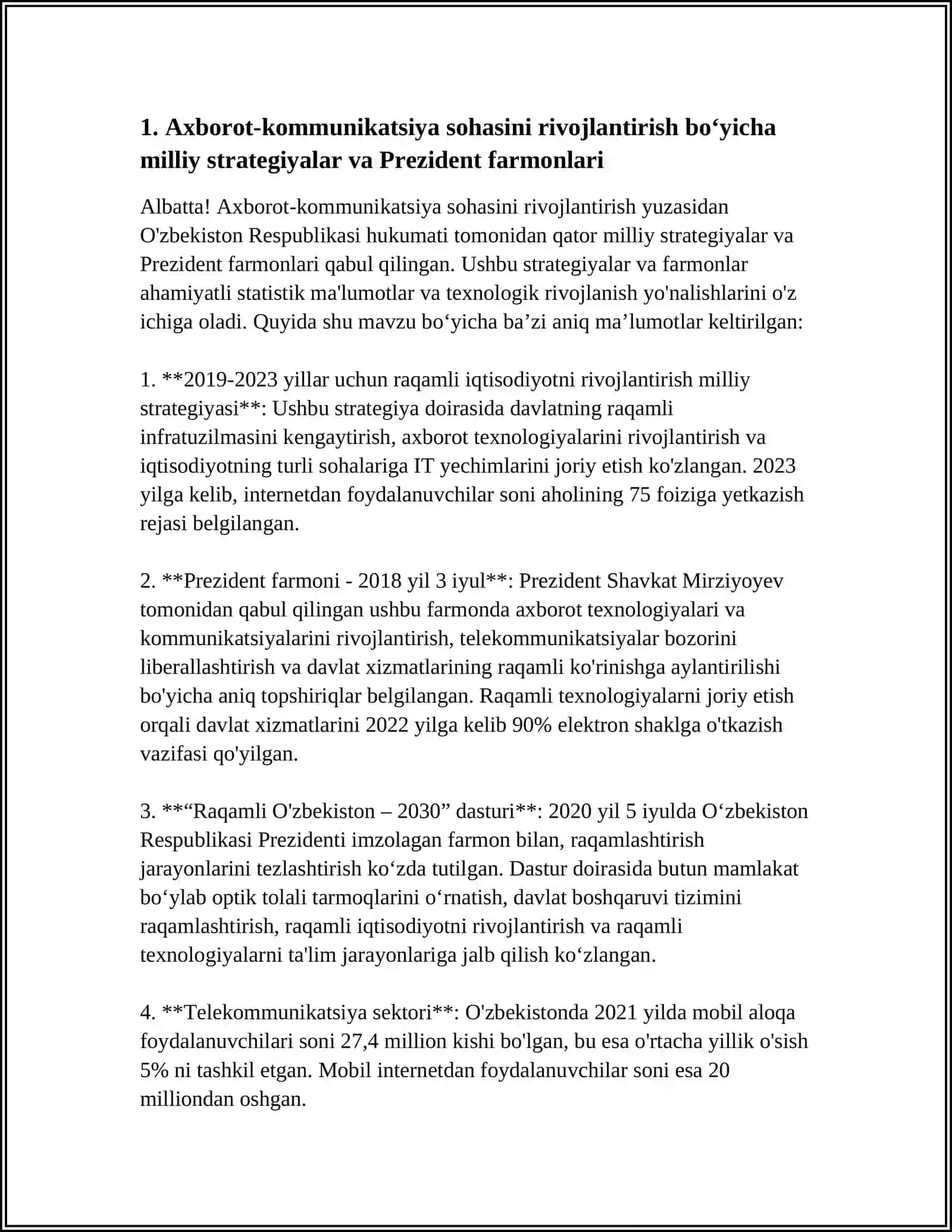 "O‘ZBEKISTONDA AXBOROT KOMMUNIKATSIYA SOHASINI RIVOJLANTIRISHDAGI ASOSIY YO‘NALISHLARI, AMALDAGI QONUNLAR, O‘ZBEKISTON RESPUBLIKASI PREZIDENTI FARMONLARI VA VAZIRLAR MAHKAMASINING QARORLARI" 4
