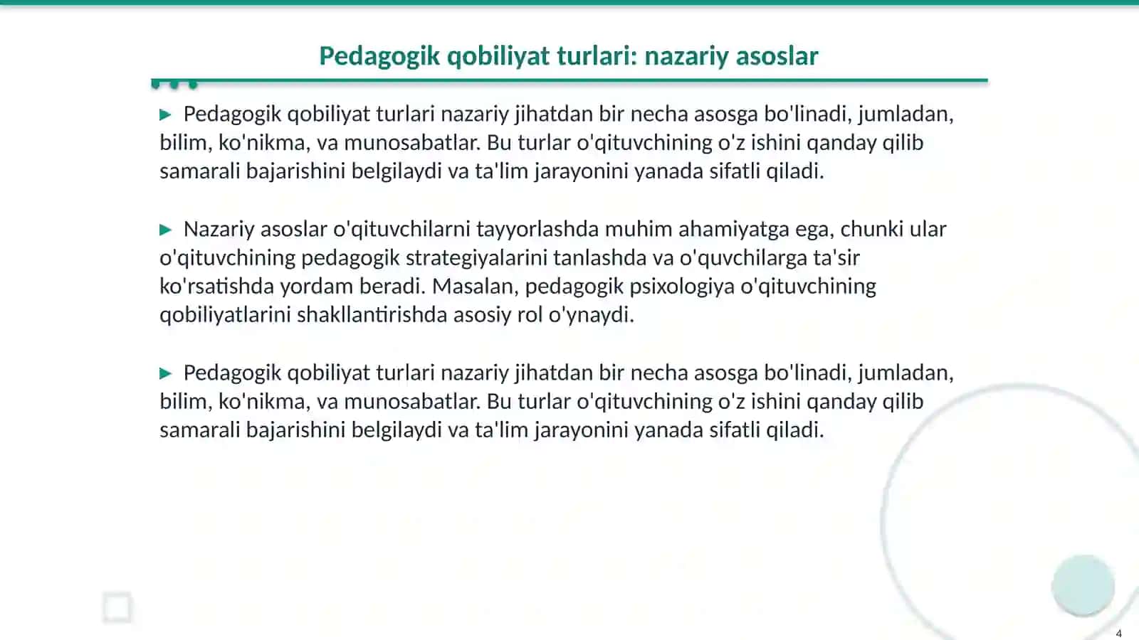 Pedagogik qobiliyatning turlari va ularning tavsifi 4