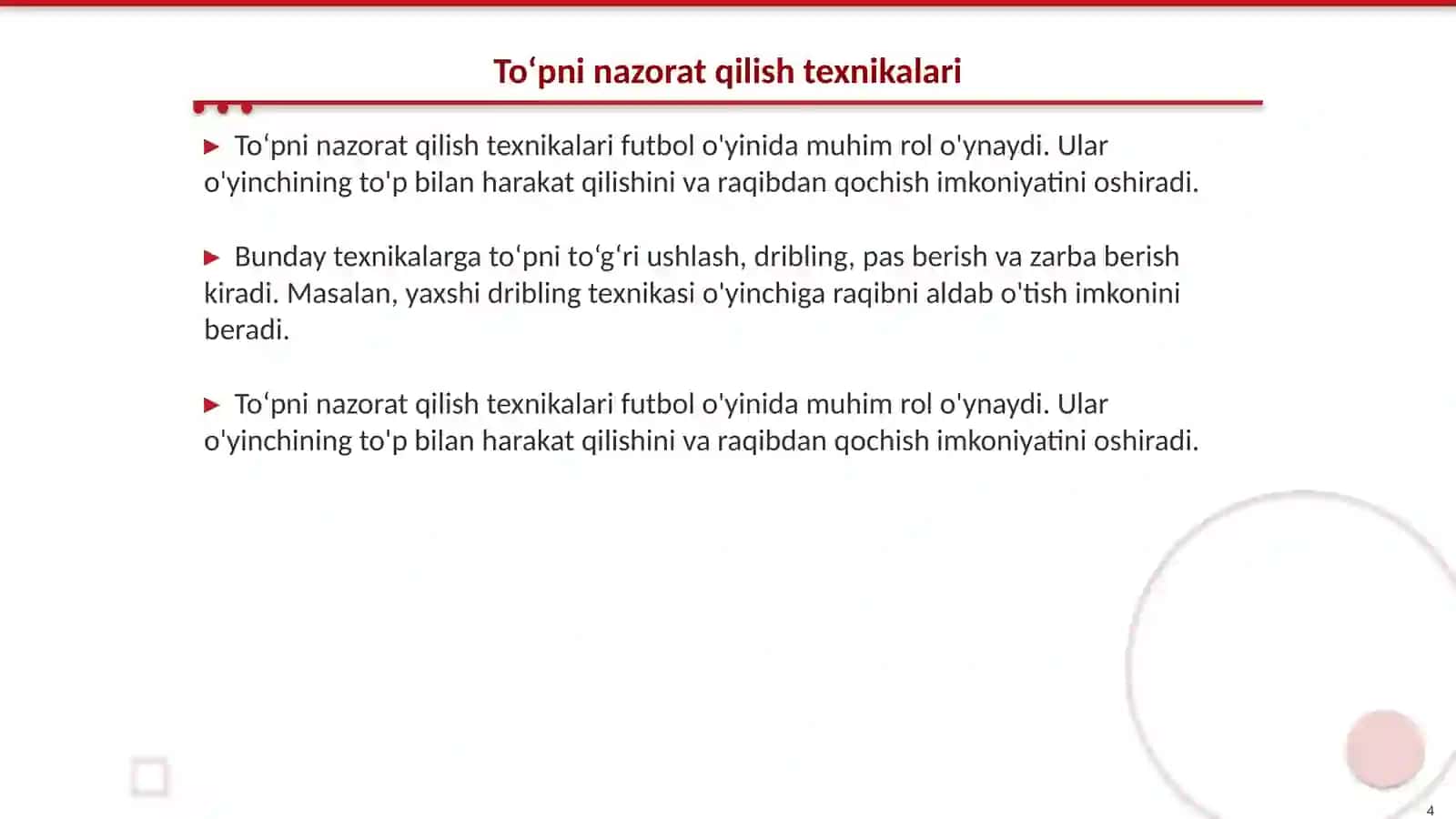 Toʻpni boshqarish texnikasini oʻrgatish 4