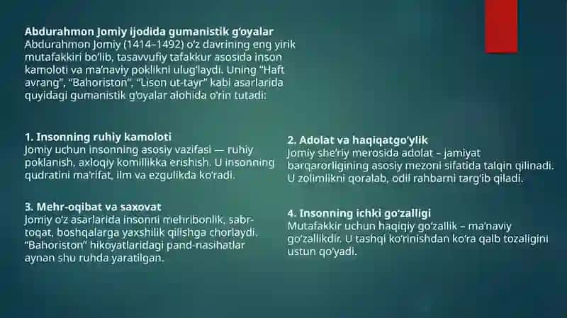 Abdurahmon Jomiy va Alisher Navoiy ijodida gumanizm falsafasi. 4