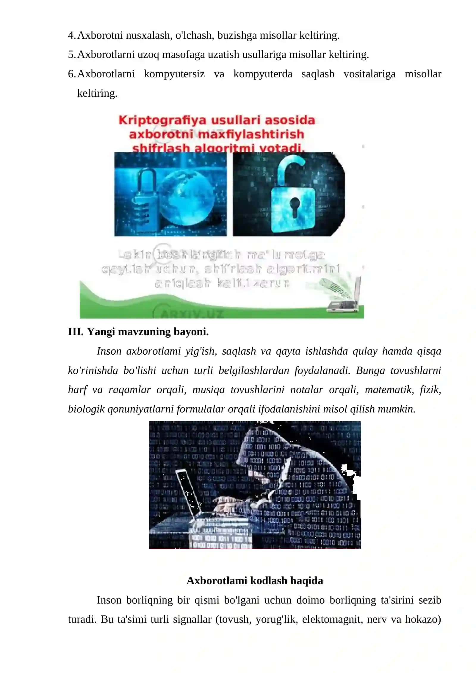 7-sinf Informatika fanidan Axborotlarni kodlash usullari ochiq dars ishlanmasi 4