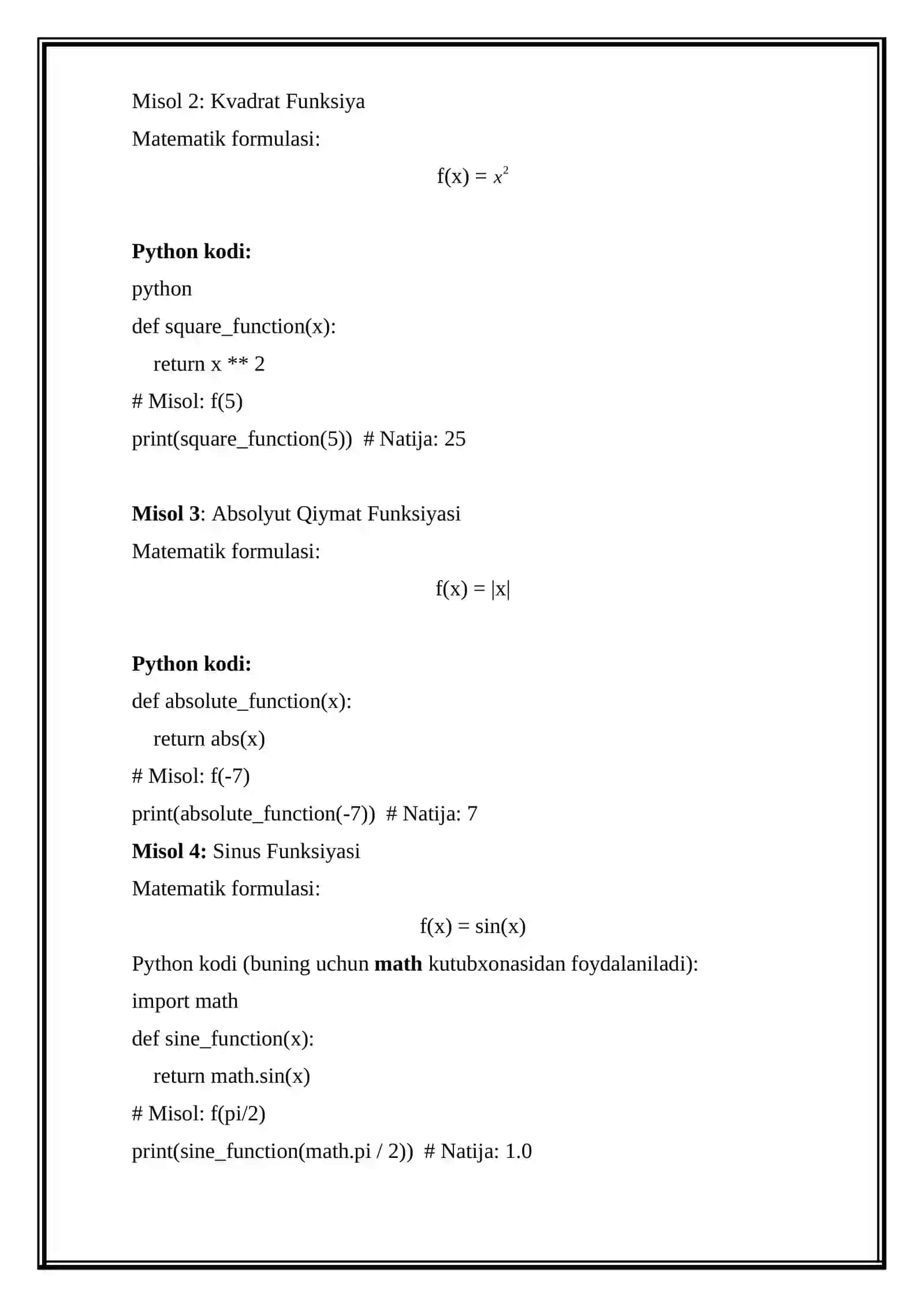 Matematik funksiyaga tushuncha bering va ulardan misollar keltiring 4