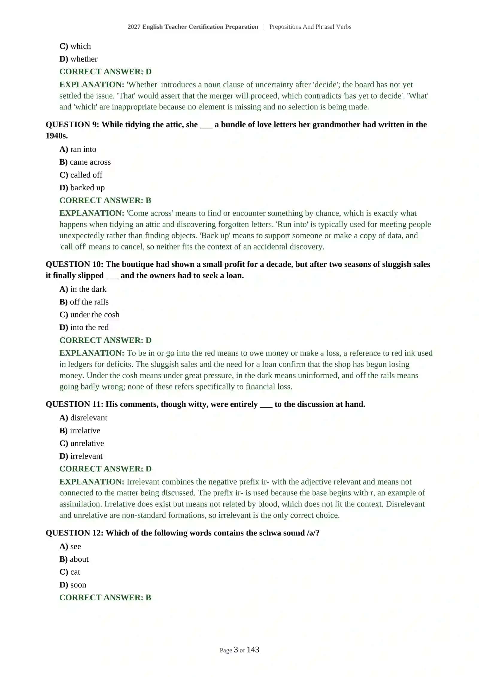 ENGLISH LANGUAGE TEACHER ASSESSMENT - PREPOSITIONS AND PHRASAL VERBS - 2027 CERTIFICATION PREPARATION (600 QUESTIONS) 4