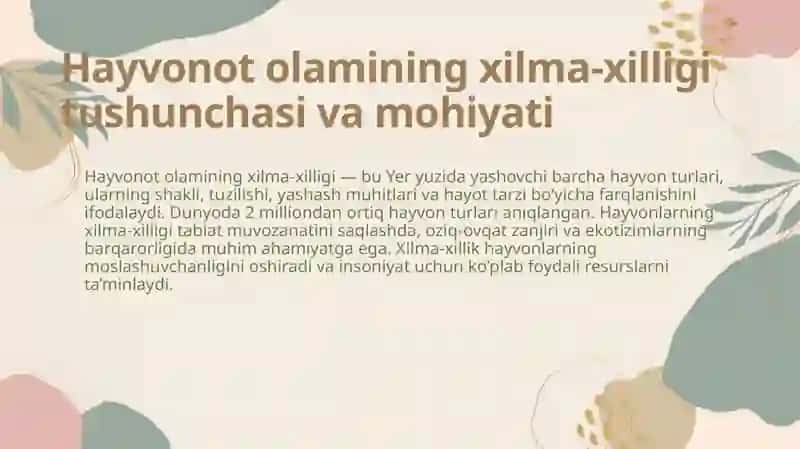 Hayvonot olamining xilma-xilligi va uning tabiatda tutgan oʻrni 4