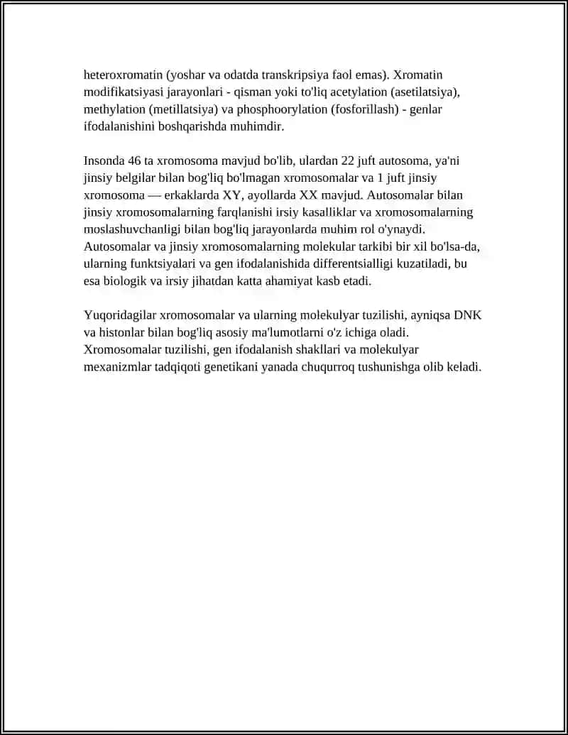 XROMOSOMALARNING MOLEKULAR TUZILISHI, AUTOSOMA VA JINSIY XROMOSOMALARNI FARQLANISHI 4
