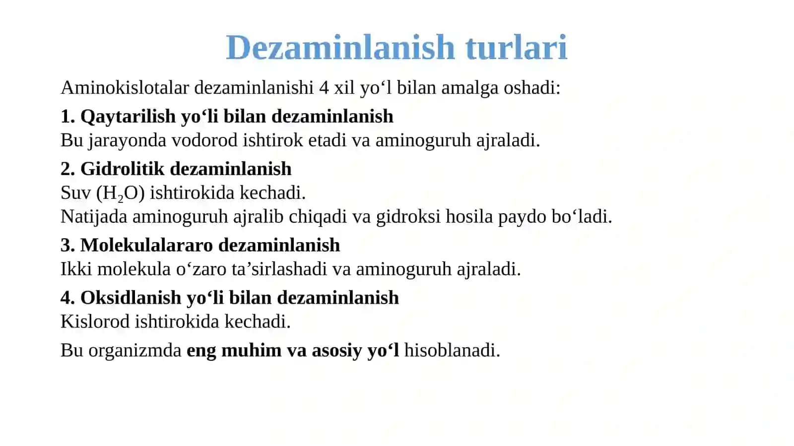 Aminokislotalar katabolizmi va dezaminlanish jarayonlari: biokimyoviy mexanizmlar va klinik ahamiyati 4