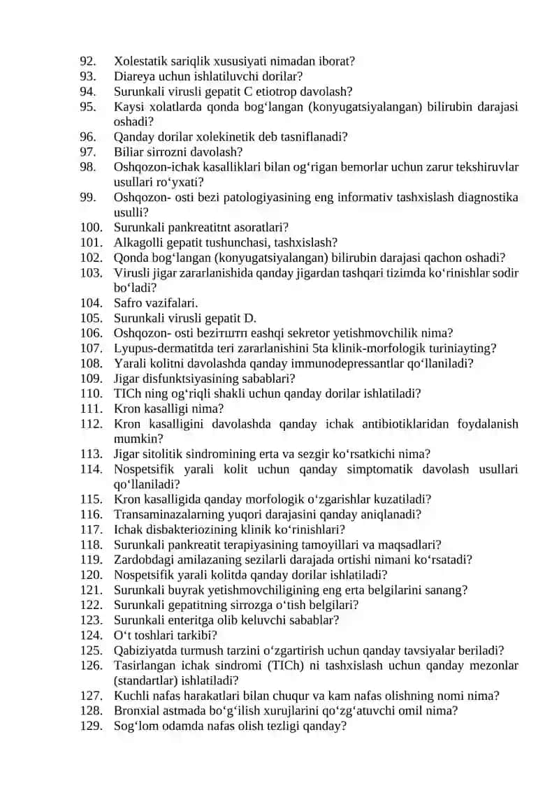 Terapiya (ichki kasalliklar) mutaxassisligi bo'yicha shakllantirilgan og'zaki savollar ro'yxati 4
