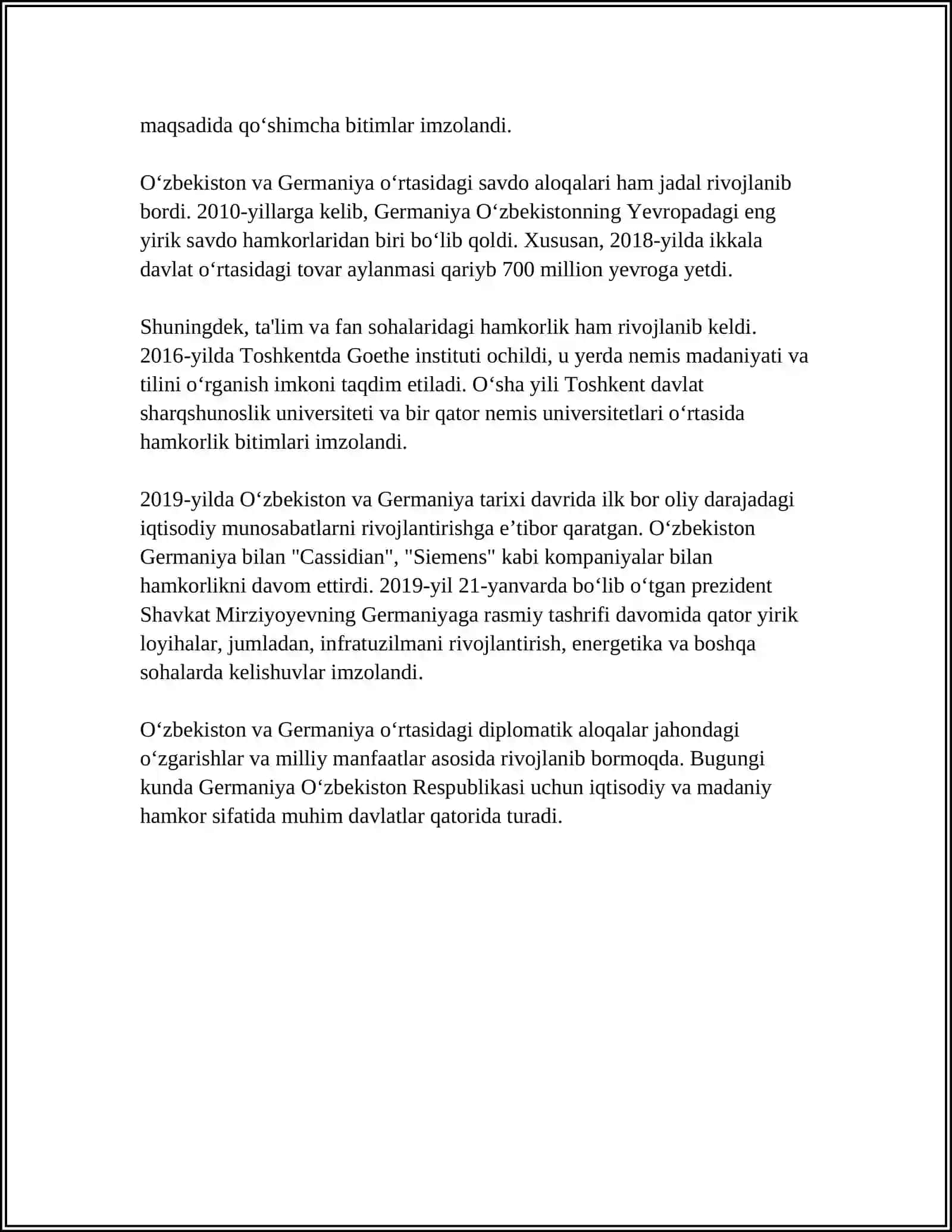 O'ZBEKISTON VA GERMANIYA FEDERATIV RESPUBLIKASI O'RTASIDAGI HAMKORLIK ALOQALARINING YO'LGA QO'YILISHI, ISTIQBOLLI REJALAR TO'G'RISIDA 4
