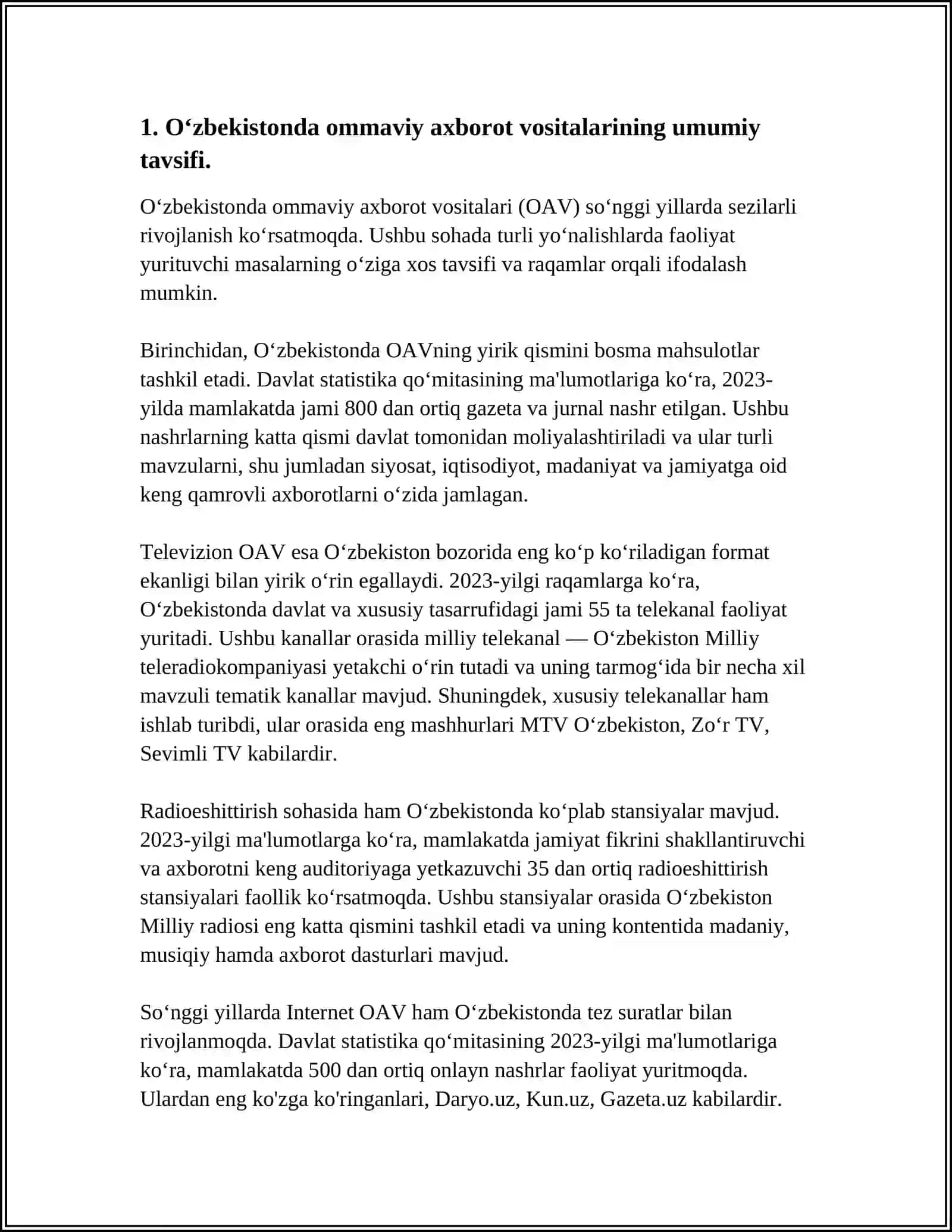 O'ZBEKISTON RESPUBLIKASIDA OMMAVIY AXBAROT VOSITALAFINING FAOLIYATI(O'ZGARISH VA MUAMMOLAT HAQIDA REFERAT TAYYORLASH 4