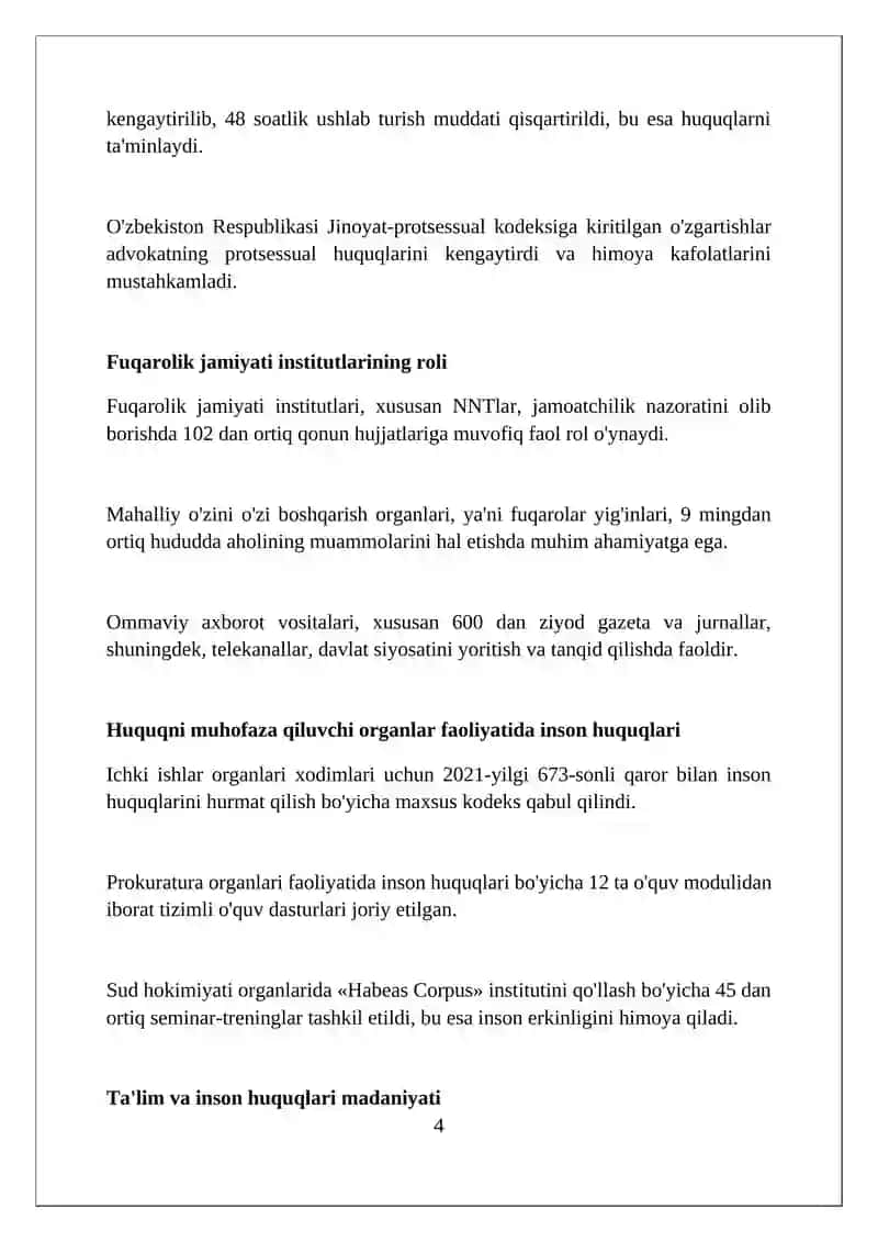 YANGI O‘ZBEKISTONDA INSON HAQ-HUQUQLARI VA ERKINLIKLARI KAFOLATINING YARATILISHI 4