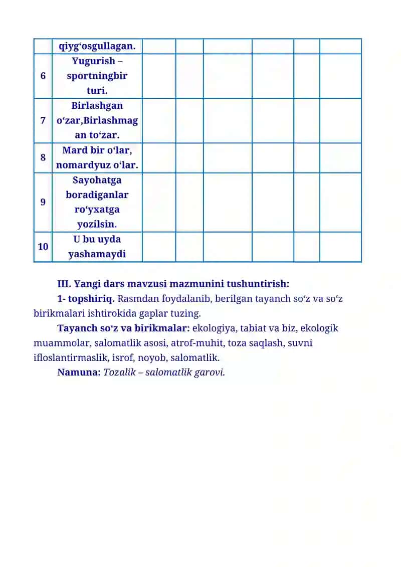 9-sinf O‘zbek tili Ekologiya va biz. Kesmining ifodalanishi. Ot kesim. 4