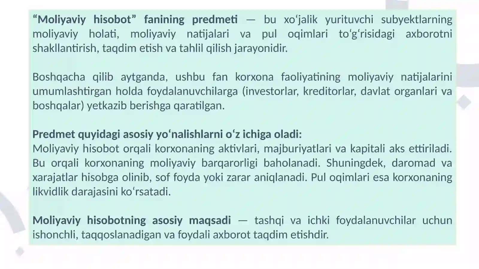 MOLIYAVIY HISOBOT FANIDAN:“Moliyaviy hisobot” fanining predmeti va metodi 4