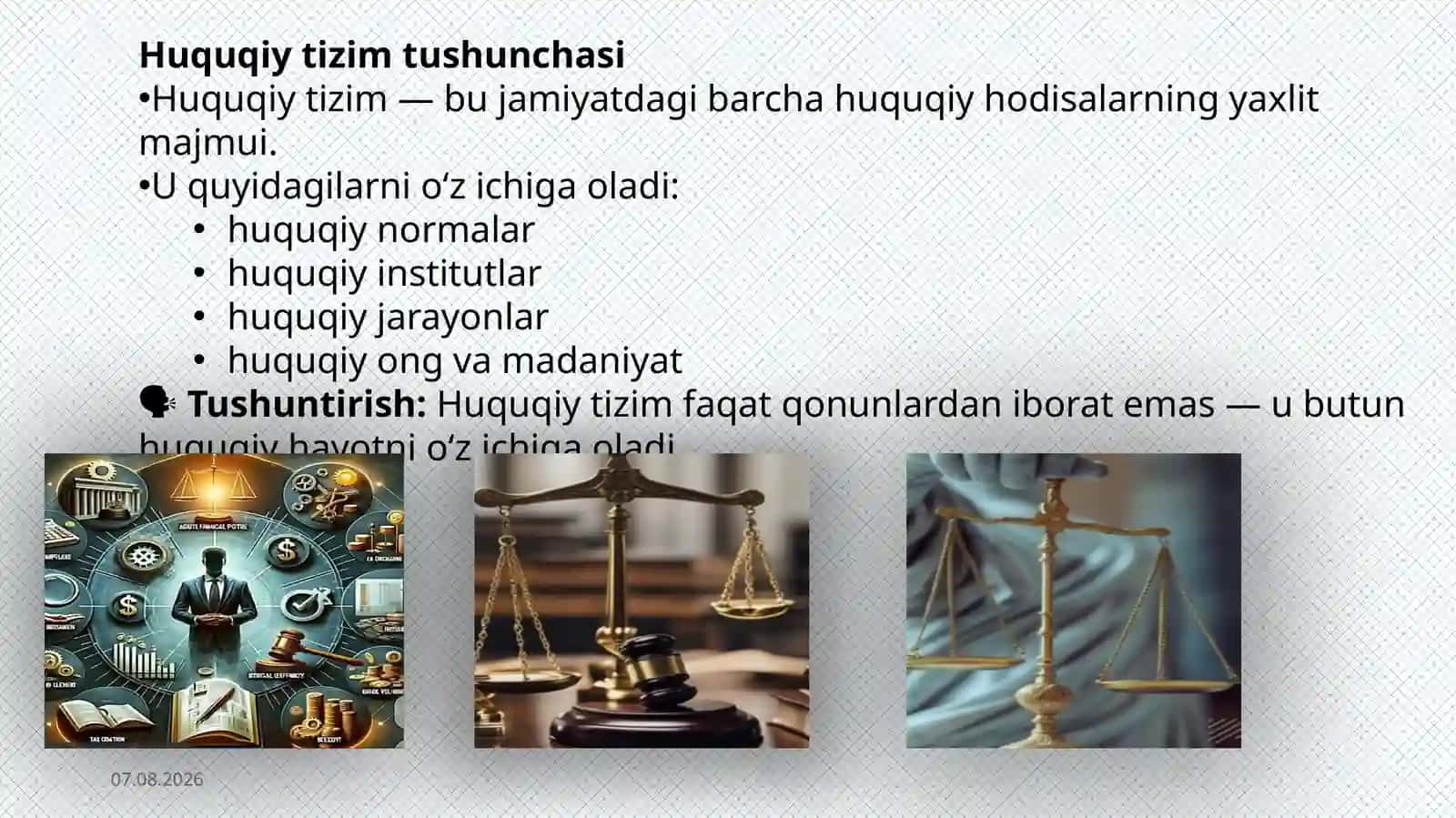 Huquq tizimi va huquqiy tizim tushunchasi hamda uni  asosiy elementlari. 4