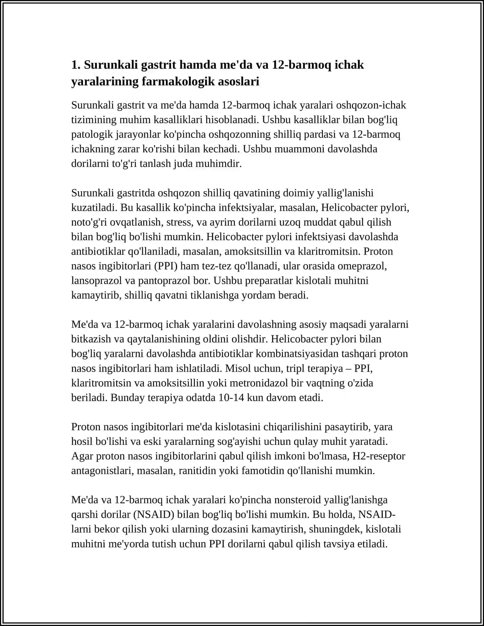 SURUNKALI GASTRIT, ME'DA VA 12-BARMOQ ICHAK YARA KASALLIKLIGIDA QO'LLANILADIGAN DORI VOSITALARGA KLINIK FARMOKOLOGIK YONDASHISH 4