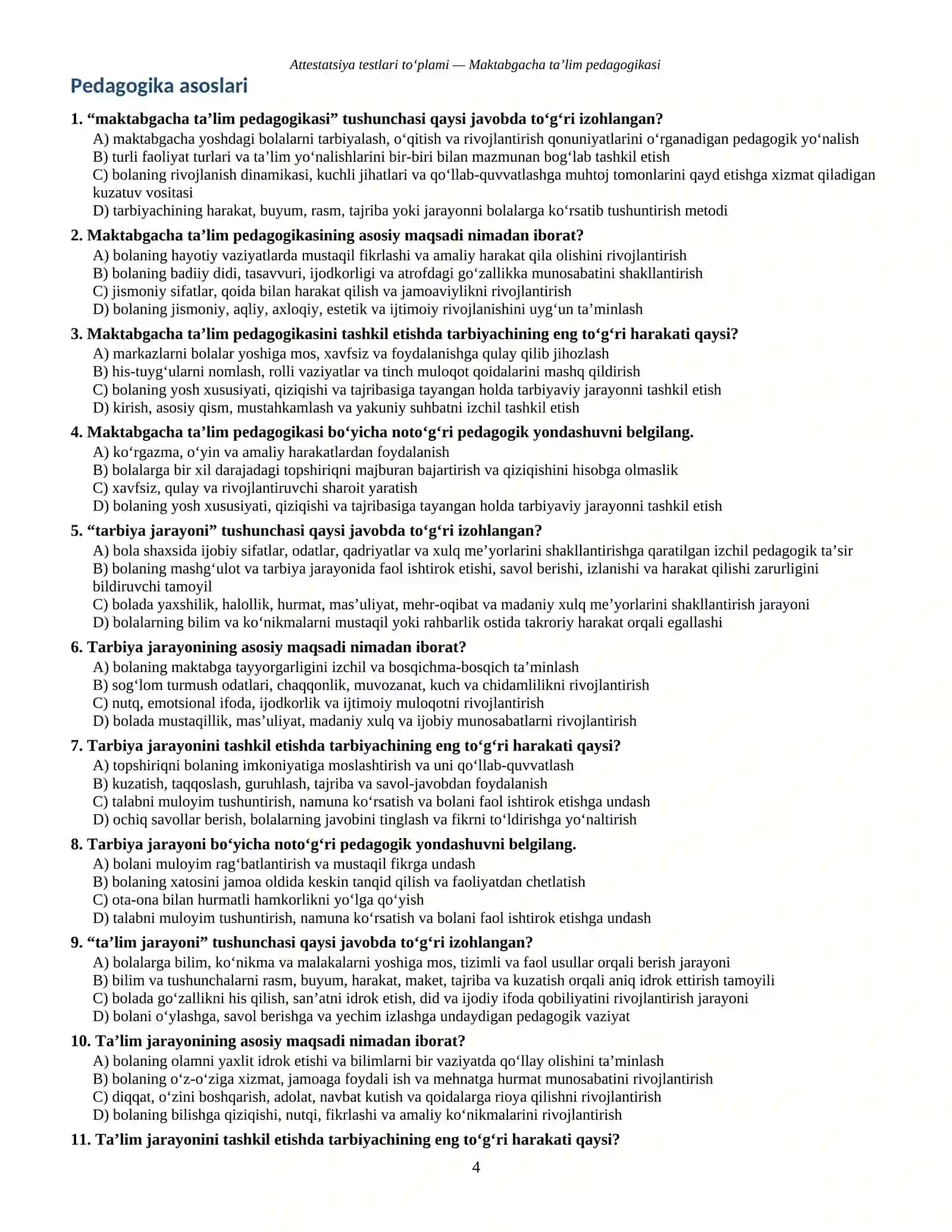 ATTESTATSIYA TESTLARI TO‘PLAMI 4