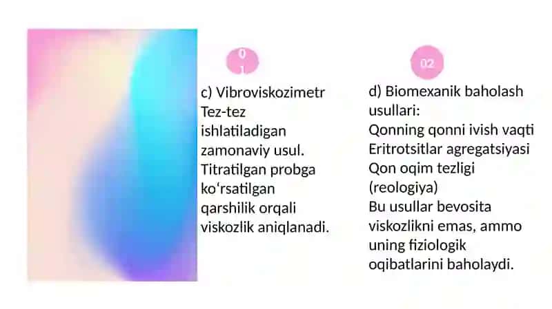 Biologik suyuqliklarning qovushqoqligini aniqlash usullarini oʼrganish. Bionika asoslari va uni inson hayotidagi oʼrni. Suyuqliklarning sirt tarangligi. Havo va gaz emboliyasi. 4